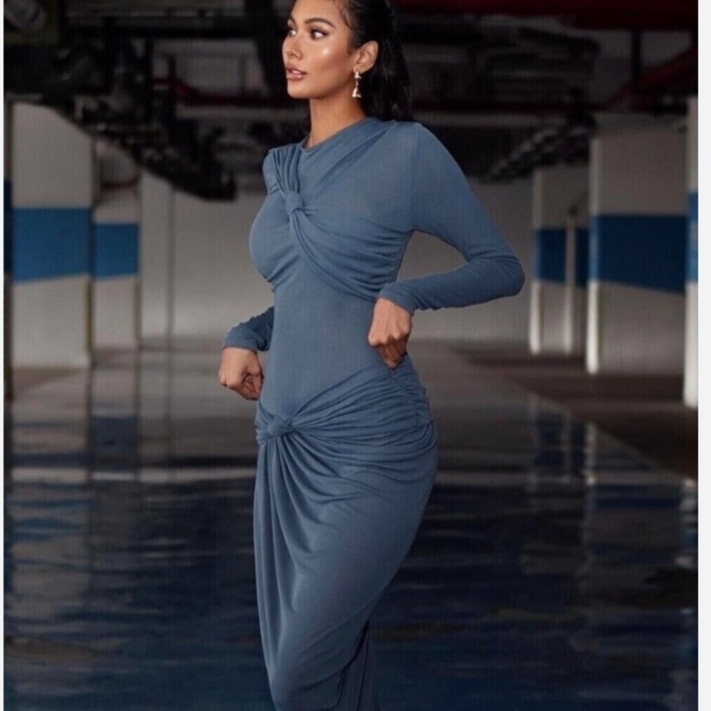 Zara ZW Collection Asymmetric Dress With Knots Blue Grey M